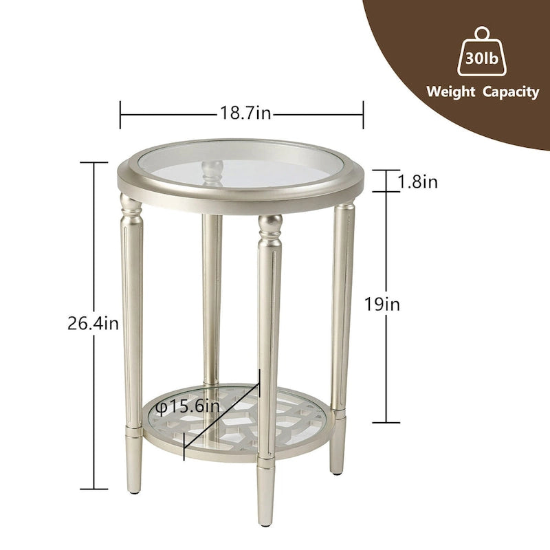 Table d'appoint ronde à 2 niveaux en verre trempé avec finition champagne et pieds sculptés en pin