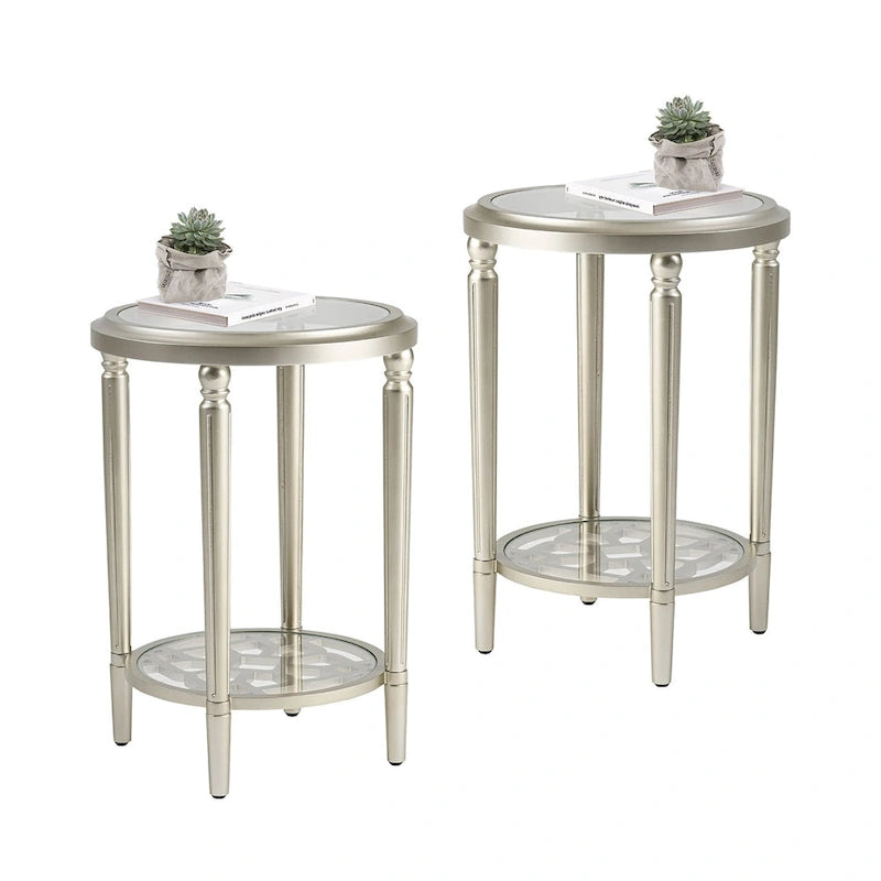 Table d'appoint ronde à 2 niveaux en verre trempé avec finition champagne et pieds sculptés en pin
