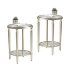 Table d'appoint ronde à 2 niveaux en verre trempé avec finition champagne et pieds sculptés en pin