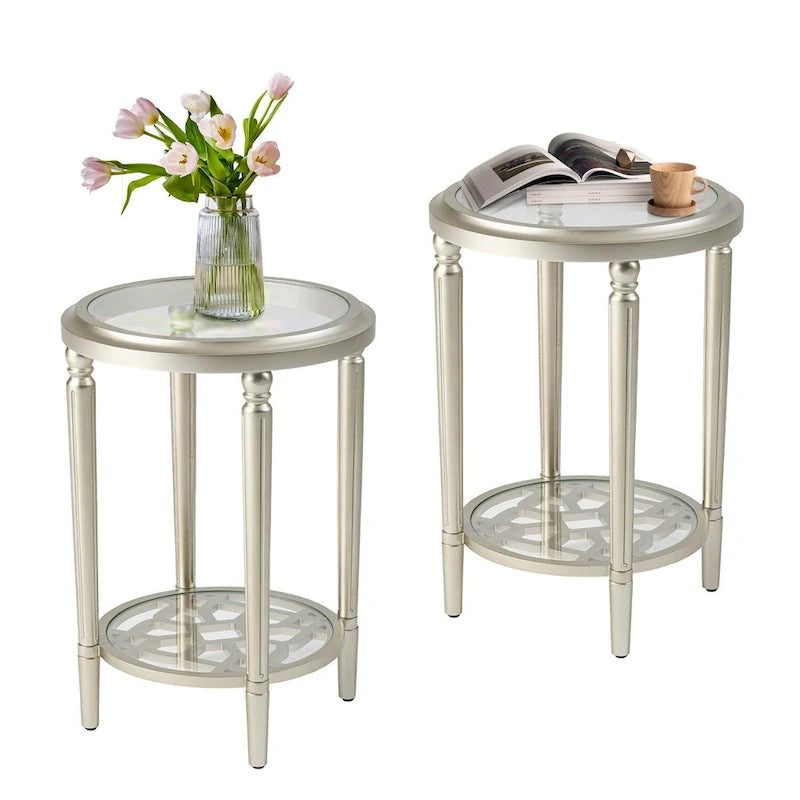 Table d'appoint ronde à 2 niveaux en verre trempé avec finition champagne et pieds sculptés en pin