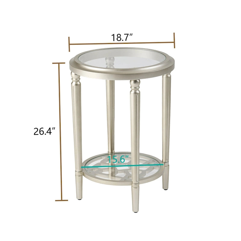Table d'appoint ronde à 2 niveaux en verre trempé avec finition champagne et pieds sculptés en pin