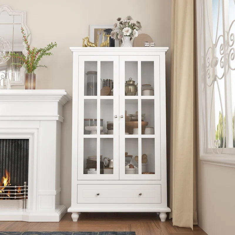 55.1H Buffet Laqué Meuble de Rangement Portes en Verre Bibliothèque