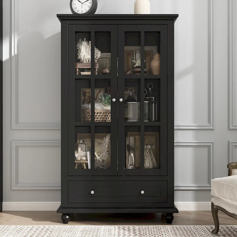 55.1H Buffet Laqué Meuble de Rangement Portes en Verre Bibliothèque
