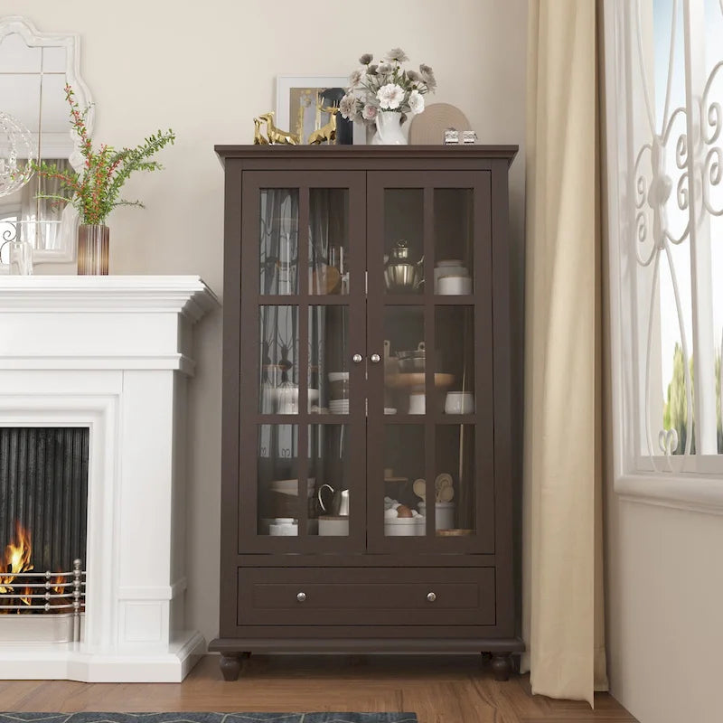 55.1H Buffet Laqué Meuble de Rangement Portes en Verre Bibliothèque