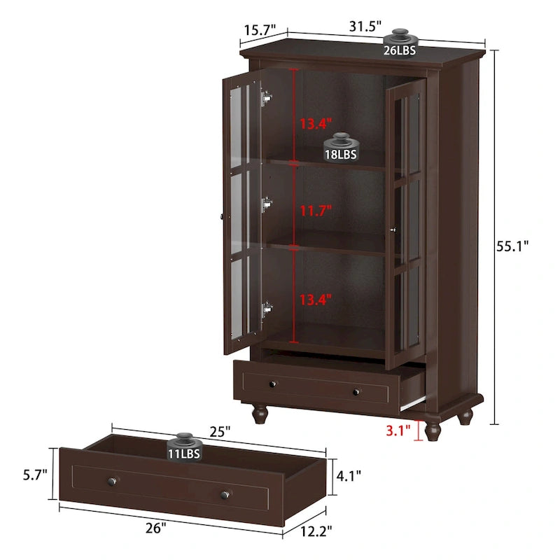55.1H Buffet Laqué Meuble de Rangement Portes en Verre Bibliothèque