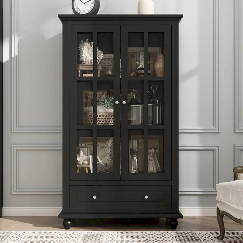 55.1H Buffet Laqué, Armoire de Rangement, Portes en Verre, Bibliothèque
