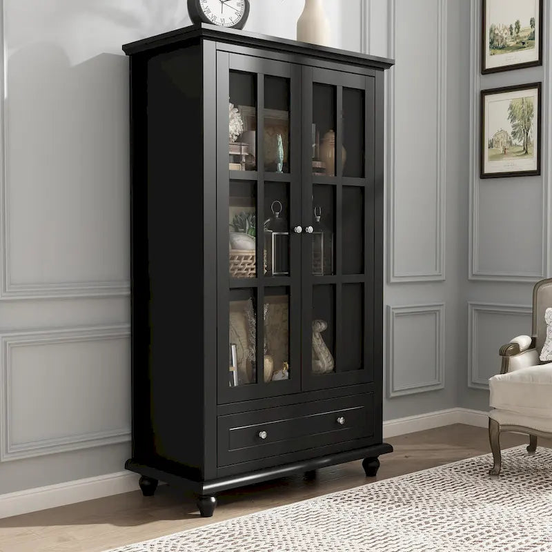 55.1H Buffet Laqué, Armoire de Rangement, Portes en Verre, Bibliothèque