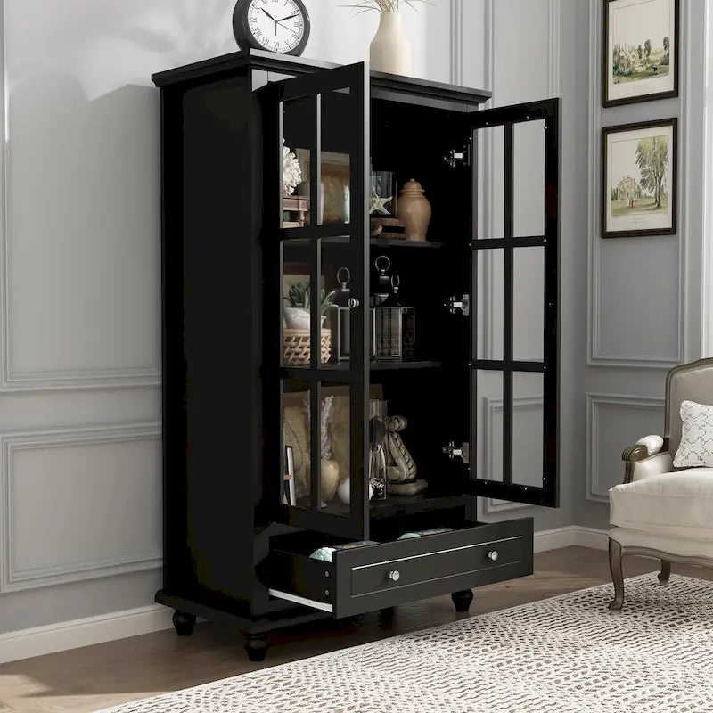 55.1H Buffet Laqué, Armoire de Rangement, Portes en Verre, Bibliothèque