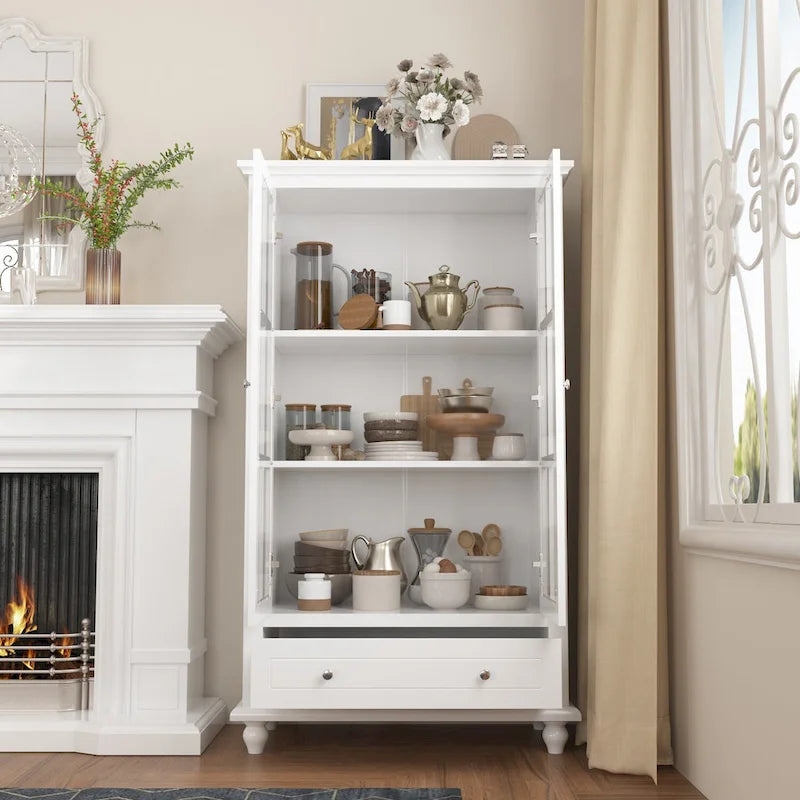 55.1H Buffet Laqué, Armoire de Rangement, Portes en Verre, Bibliothèque