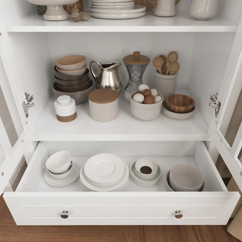55.1H Buffet Laqué, Armoire de Rangement, Portes en Verre, Bibliothèque