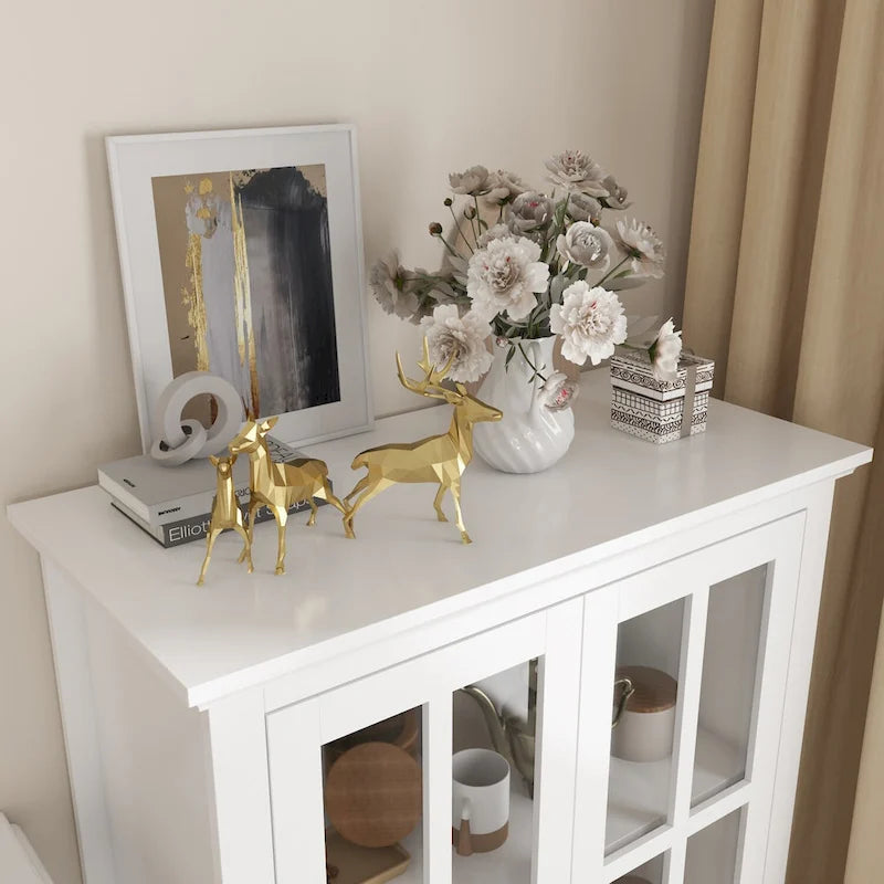 55.1H Buffet Laqué, Armoire de Rangement, Portes en Verre, Bibliothèque