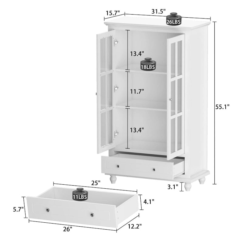 55.1H Buffet Laqué, Armoire de Rangement, Portes en Verre, Bibliothèque