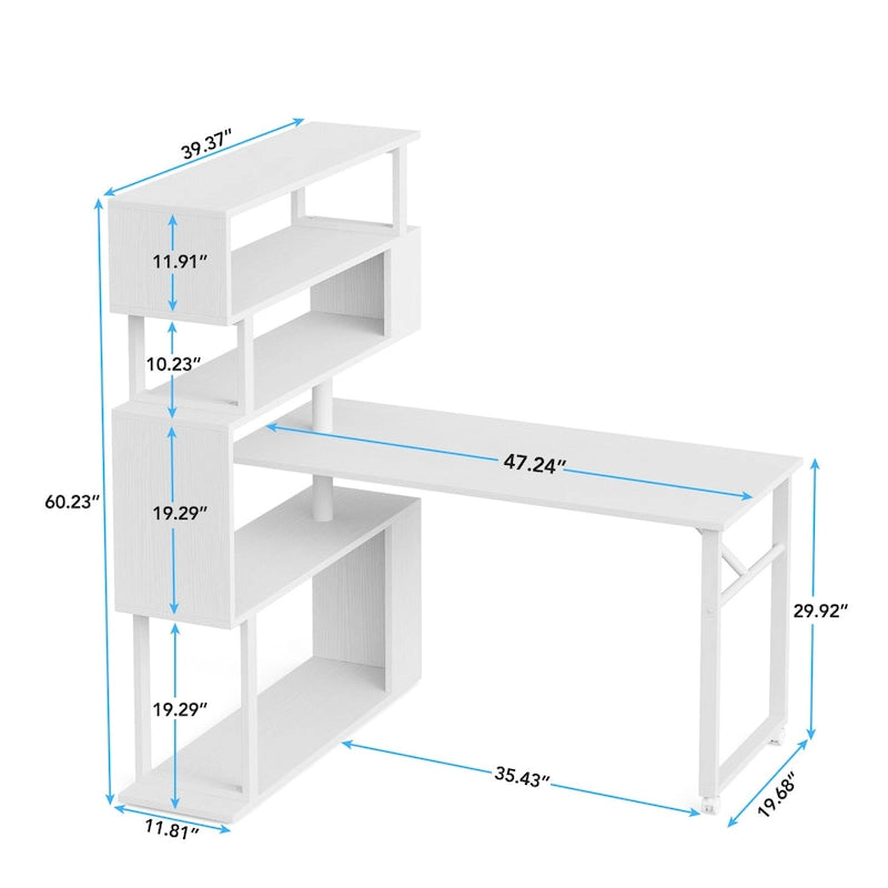 Bureau d'angle rotatif en L avec étagère à 5 niveaux