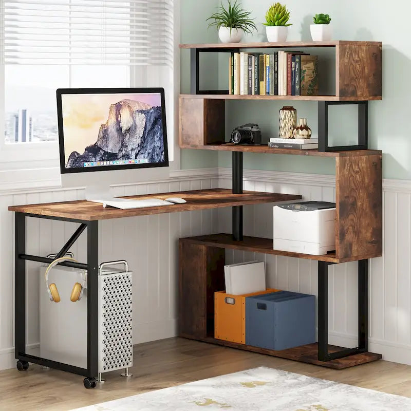 Bureau d'angle rotatif en L avec étagère à 5 niveaux