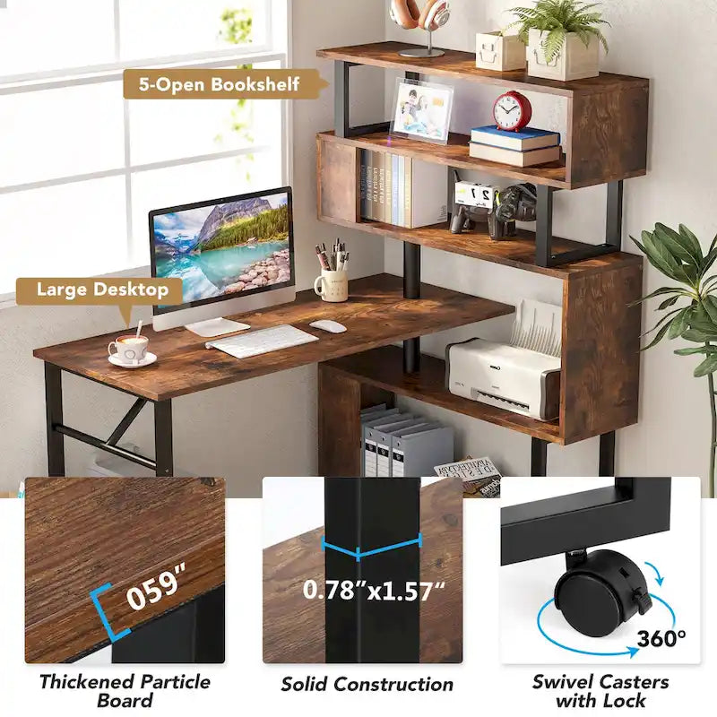 Bureau d'angle rotatif en L avec étagère à 5 niveaux