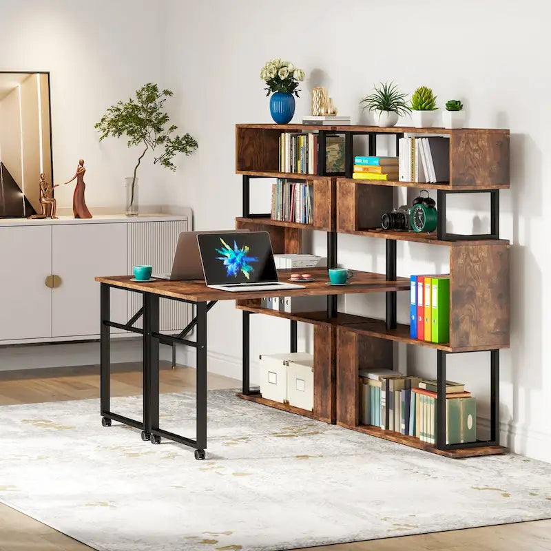 Bureau d'angle rotatif en L avec étagère à 5 niveaux