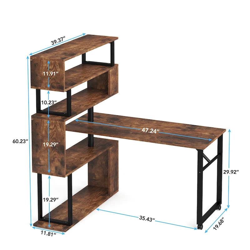 Bureau d'angle rotatif en L avec étagère à 5 niveaux