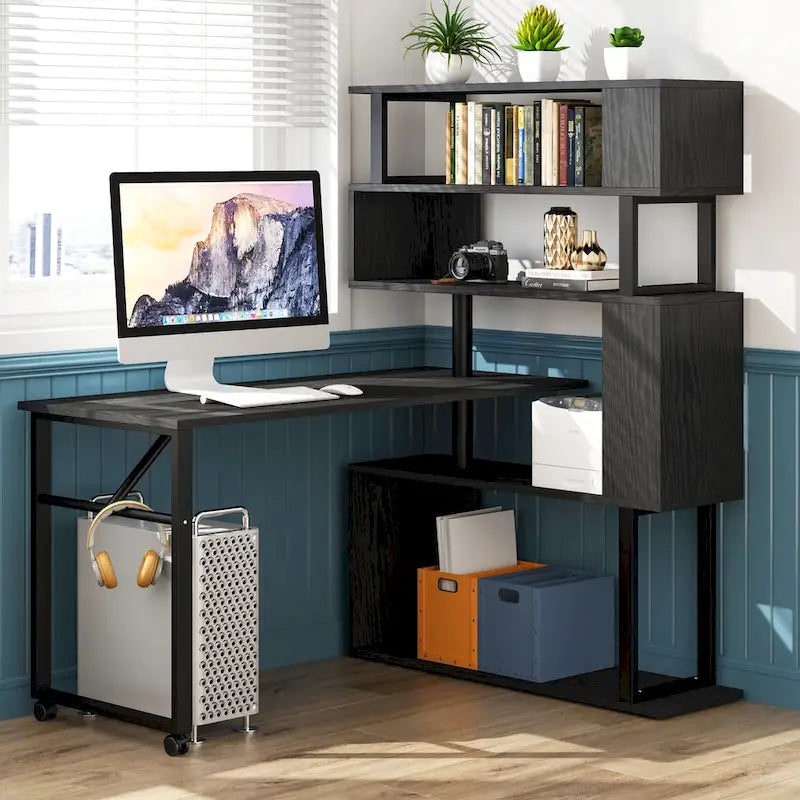 Bureau d'angle rotatif en L avec étagère à 5 niveaux