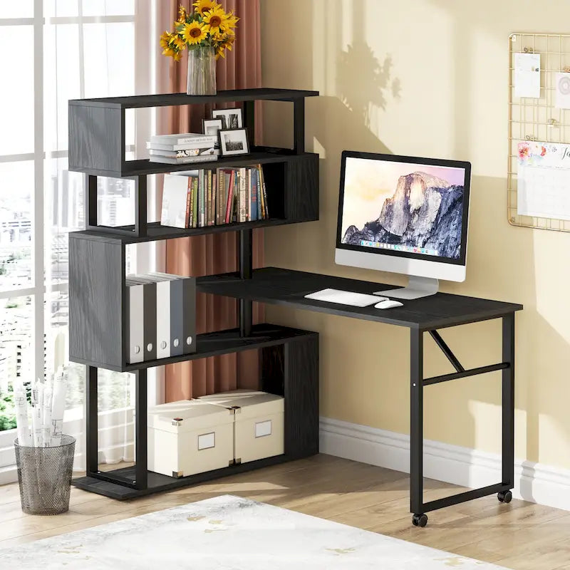 Bureau d'angle rotatif en L avec étagère à 5 niveaux