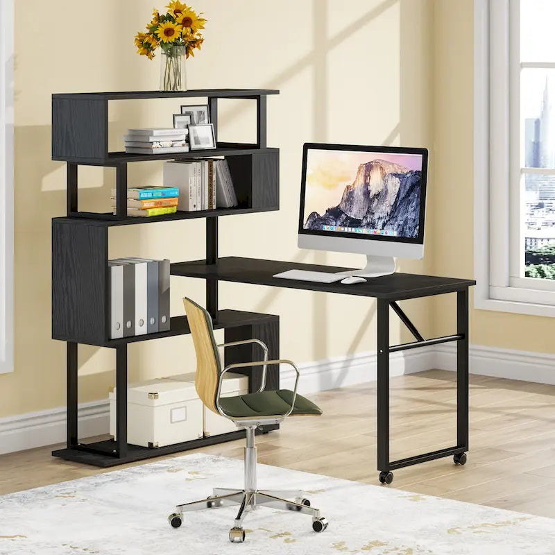 Bureau d'angle rotatif en L avec étagère à 5 niveaux