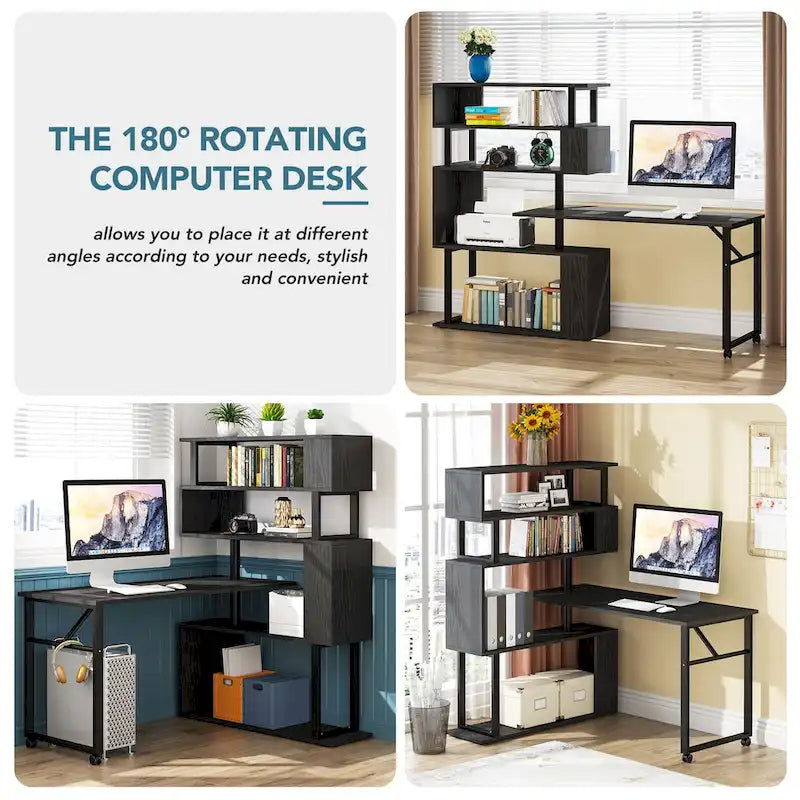 Bureau d'angle rotatif en L avec étagère à 5 niveaux