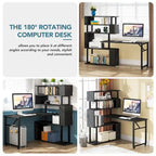 Bureau d'angle rotatif en L avec étagère à 5 niveaux