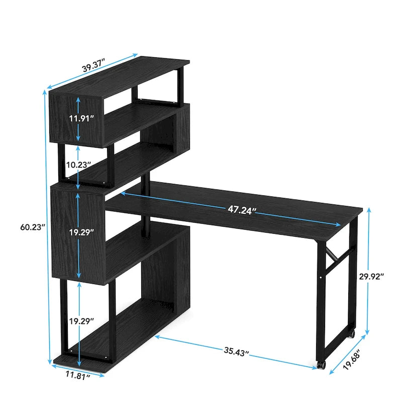 Bureau d'angle rotatif en L avec étagère à 5 niveaux