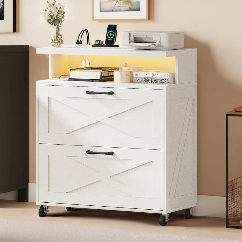 Meuble de classement mobile en bois avec station de charge et lumière LED RVB, style rustique