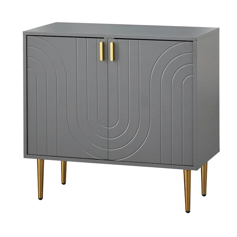 Buffet moderne du milieu du siècle à deux portes avec façade ondulée et poignées dorées