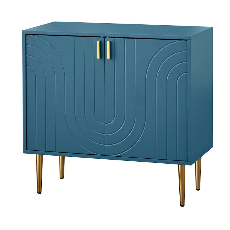 Buffet moderne du milieu du siècle à deux portes avec façade ondulée et poignées dorées