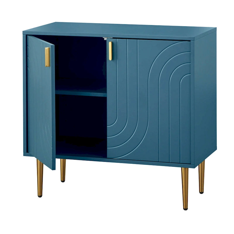 Buffet moderne du milieu du siècle à deux portes avec façade ondulée et poignées dorées