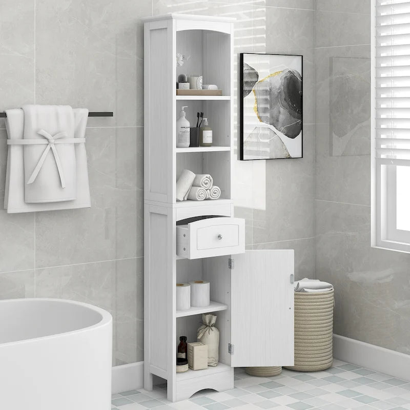 Meuble de salle de bain haut, meuble de rangement autonome avec tiroir, panneau MDF, étagère réglable, blanc