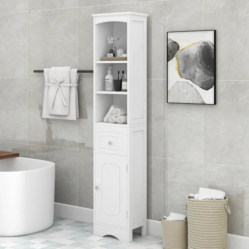 Meuble de salle de bain haut, meuble de rangement autonome avec tiroir, panneau MDF, étagère réglable, blanc
