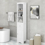 Meuble de salle de bain haut, meuble de rangement autonome avec tiroir, panneau MDF, étagère réglable, blanc