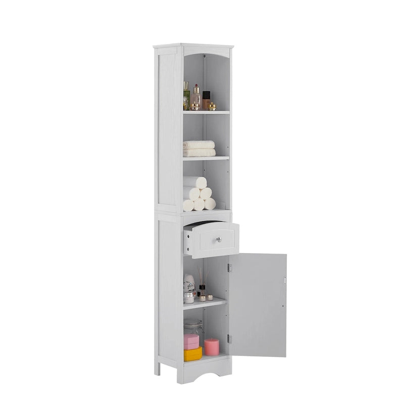Meuble de salle de bain haut, meuble de rangement autonome avec tiroir, panneau MDF, étagère réglable, blanc