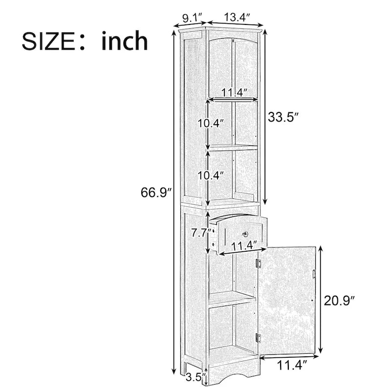 Meuble de salle de bain haut, meuble de rangement autonome avec tiroir, panneau MDF, étagère réglable, blanc