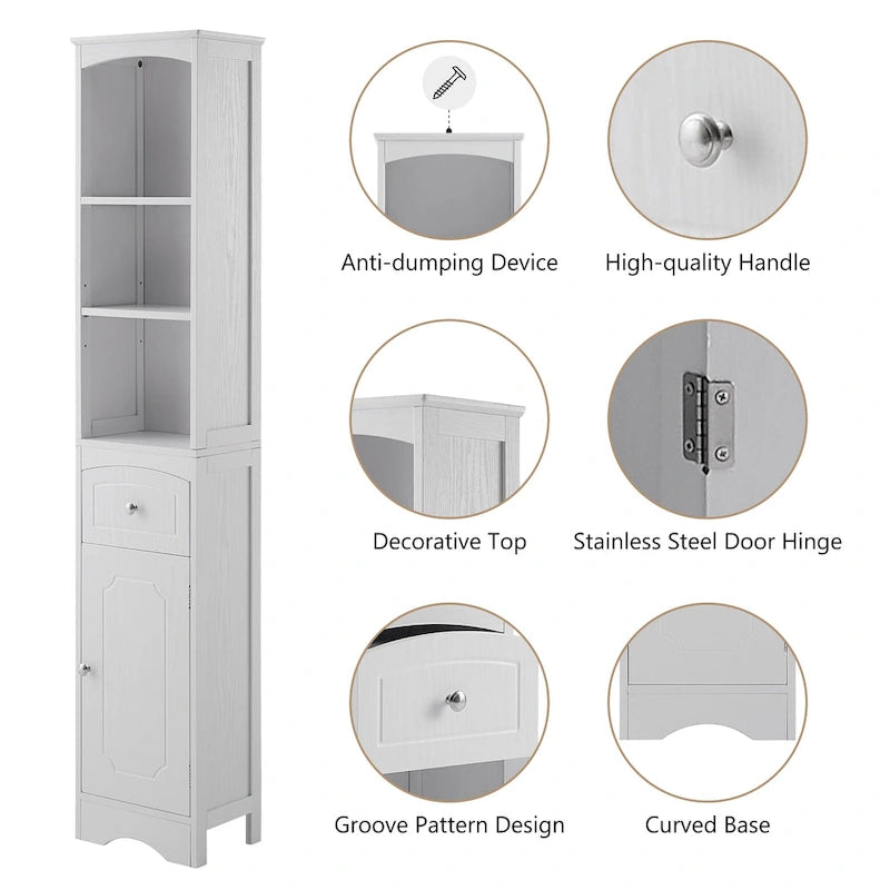 Meuble de salle de bain haut, meuble de rangement autonome avec tiroir, panneau MDF, étagère réglable, blanc