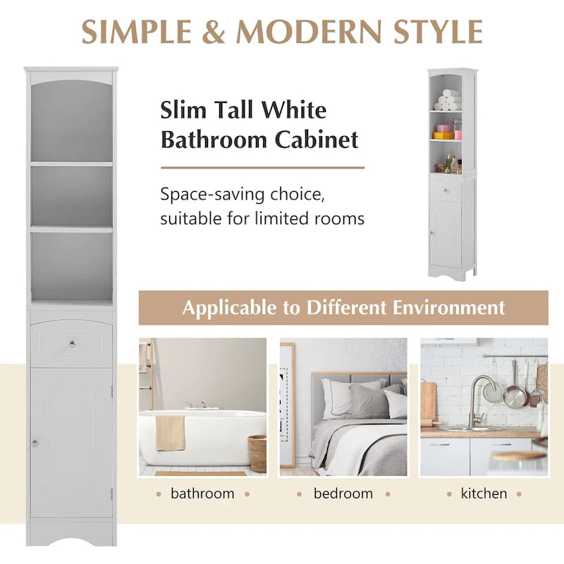 Meuble de salle de bain haut, meuble de rangement autonome avec tiroir, panneau MDF, étagère réglable, blanc