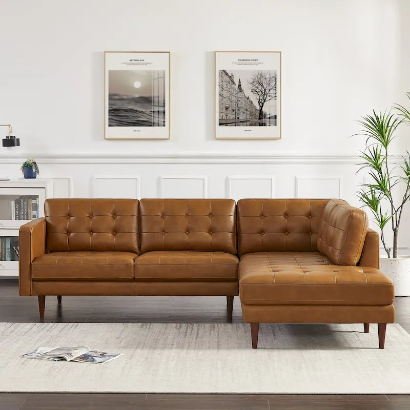 Canapé d'angle sectionnel en cuir supérieur Lester Tufted Modern pour salon, couleur cognac