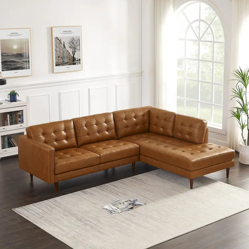 Canapé d'angle sectionnel en cuir supérieur Lester Tufted Modern pour salon, couleur cognac