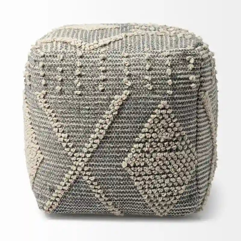 Pouf carré tissé à la main en polyester Brinket gris/crème