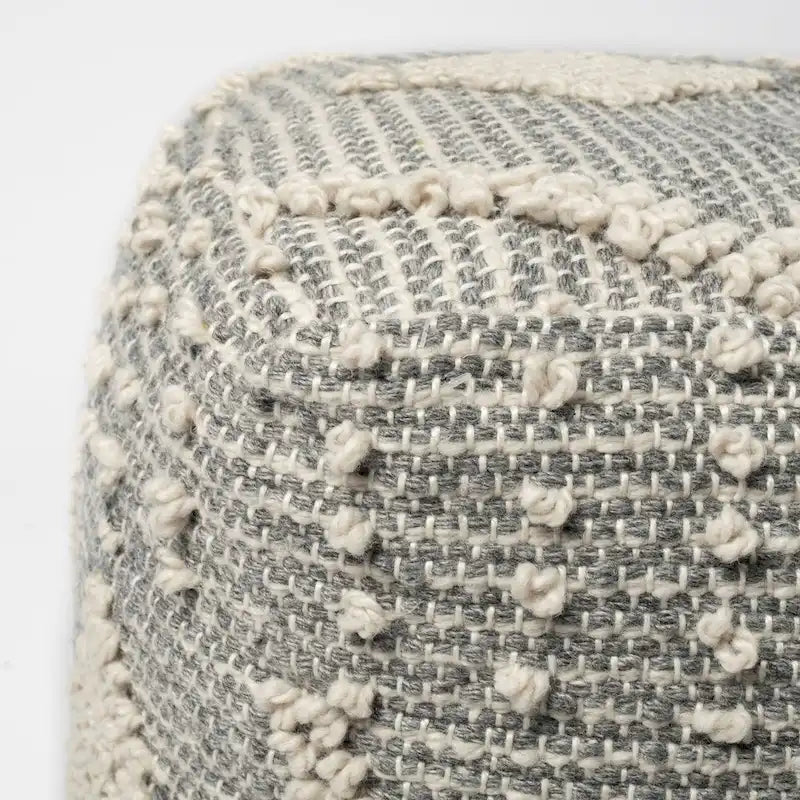 Pouf carré tissé à la main en polyester Brinket gris/crème