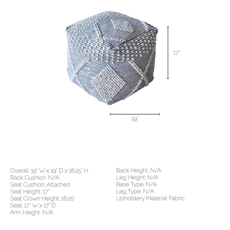 Pouf carré Brinket gris/crème en polyester tissé main