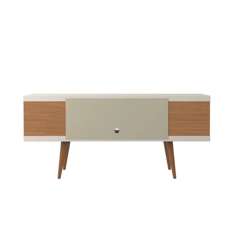 Console meuble TV de 53 po avec 4 étagères et pieds évasés en bois massif