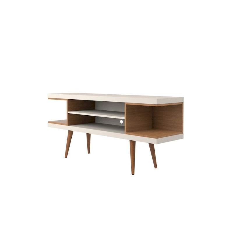 Console meuble TV de 53 po avec 4 étagères et pieds évasés en bois massif