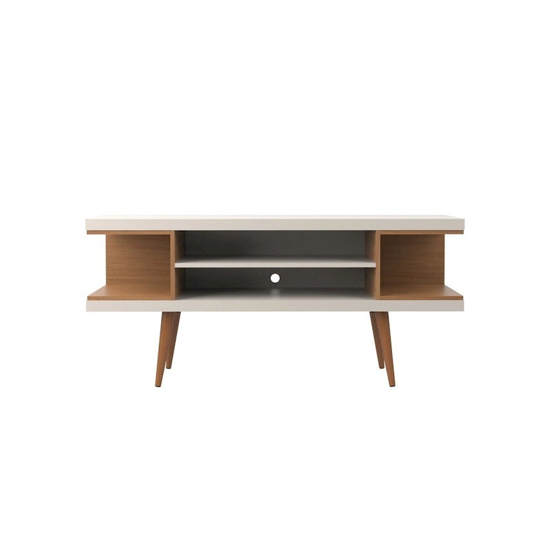 Console meuble TV de 53 po avec 4 étagères et pieds évasés en bois massif