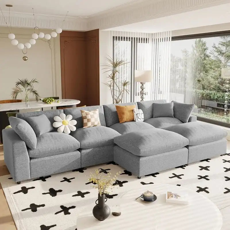 Canapé d'angle en U, 2 grandes méridiennes avec poufs amovibles
