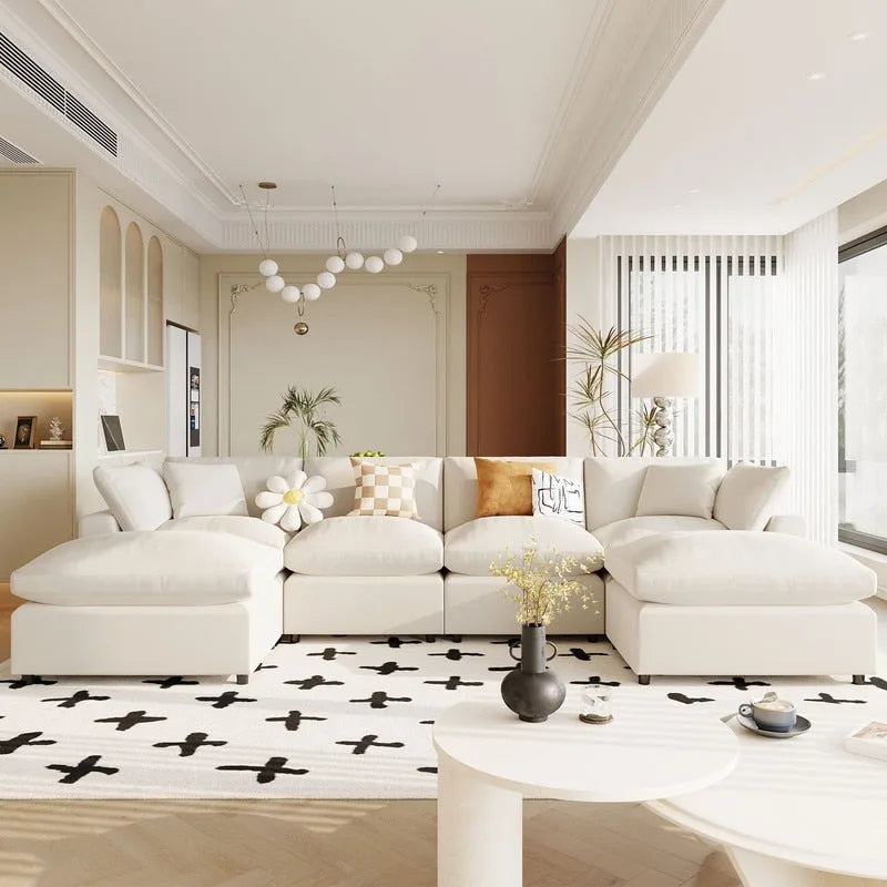Canapé d'angle en U, 2 grandes méridiennes avec poufs amovibles