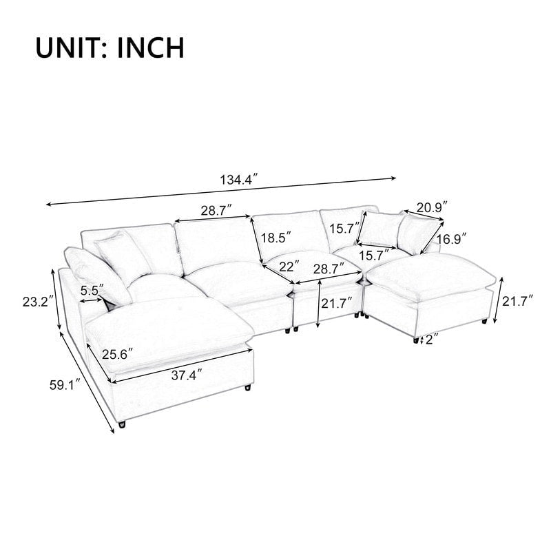 Canapé d'angle en U, 2 grandes méridiennes avec poufs amovibles