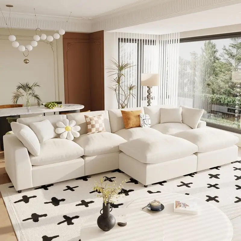 Canapé d'angle en U, 2 grandes méridiennes avec poufs amovibles